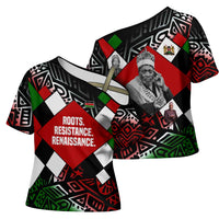 Jomo Kenyatta Cross Shoulder Shirt with Roots Resistance Renaissance and Kenyan Patchwork Pattern Tribute - Wonder Print Shop