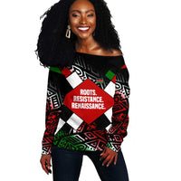 Jomo Kenyatta Off Shoulder Sweater with Roots Resistance Renaissance and Kenyan Patchwork Pattern Tribute - Wonder Print Shop