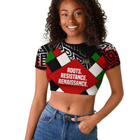 Jomo Kenyatta Raglan Cropped T shirt with Roots Resistance Renaissance and Kenyan Patchwork Pattern Tribute - Wonder Print Shop