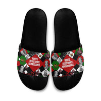 Jomo Kenyatta Slide Sandals with Roots Resistance Renaissance and Kenyan Patchwork Pattern Tribute - Wonder Print Shop