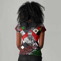 Jomo Kenyatta Women V-Neck T-Shirt with Roots Resistance Renaissance and Kenyan Patchwork Pattern Tribute - Wonder Print Shop