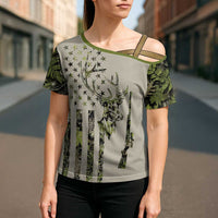 Deer Skull Camouflage Cross Shoulder Shirt American Hunting Culture in Forest Green and Earth Tones