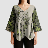 Deer Skull Camouflage Kimono Sleeve Blouse American Hunting Culture in Forest Green and Earth Tones