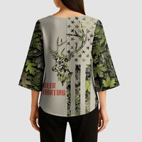 Deer Skull Camouflage Kimono Sleeve Blouse American Hunting Culture in Forest Green and Earth Tones