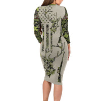 Deer Skull Camouflage Long Sleeve Bodycon Dress American Hunting Culture in Forest Green and Earth Tones