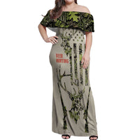 Deer Skull Camouflage Off Shoulder Maxi Dress American Hunting Culture in Forest Green and Earth Tones