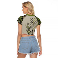 Deer Skull Camouflage Raglan Cropped T Shirt American Hunting Culture in Forest Green and Earth Tones