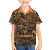 Deer Hunting Skull Kid Hawaiian Shirt Autumn Leaves Rustic Brown and Orange Tones