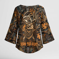 Deer Hunting Skull Kimono Sleeve Blouse Autumn Leaves Rustic Brown and Orange Tones