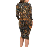 Deer Hunting Skull Long Sleeve Bodycon Dress Autumn Leaves Rustic Brown and Orange Tones