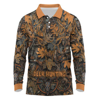 Deer Hunting Skull Long Sleeve Polo Shirt Autumn Leaves Rustic Brown and Orange Tones