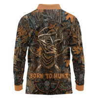 Deer Hunting Skull Long Sleeve Polo Shirt Autumn Leaves Rustic Brown and Orange Tones