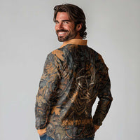 Deer Hunting Skull Long Sleeve Polo Shirt Autumn Leaves Rustic Brown and Orange Tones