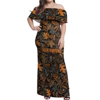 Deer Hunting Skull Off Shoulder Maxi Dress Autumn Leaves Rustic Brown and Orange Tones