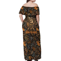 Deer Hunting Skull Off Shoulder Maxi Dress Autumn Leaves Rustic Brown and Orange Tones