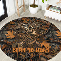 Deer Hunting Skull Round Carpet Autumn Leaves Rustic Brown and Orange Tones