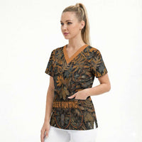 Deer Hunting Skull Scrub Top Autumn Leaves Rustic Brown and Orange Tones