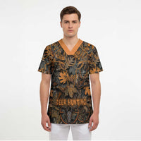 Deer Hunting Skull Scrub Top Autumn Leaves Rustic Brown and Orange Tones