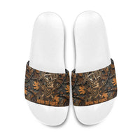 Deer Hunting Skull Slide Sandals Autumn Leaves Rustic Brown and Orange Tones