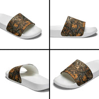Deer Hunting Skull Slide Sandals Autumn Leaves Rustic Brown and Orange Tones