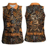 Deer Hunting Skull Women Sleeveless Polo Shirt Autumn Leaves Rustic Brown and Orange Tones
