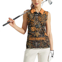 Deer Hunting Skull Women Sleeveless Polo Shirt Autumn Leaves Rustic Brown and Orange Tones