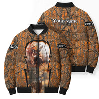 Personalized Deer Hunter Bomber Puffer Jacket Antler Outline and Autumn Camouflage Hunting