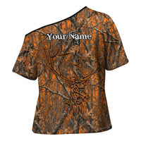 Personalized Deer Hunter Cross Shoulder Shirt Antler Outline and Autumn Camouflage Hunting