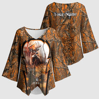 Personalized Deer Hunter Kimono Sleeve Blouse Antler Outline and Autumn Camouflage Hunting