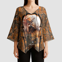 Personalized Deer Hunter Kimono Sleeve Blouse Antler Outline and Autumn Camouflage Hunting