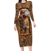 Personalized Deer Hunter Long Sleeve Bodycon Dress Antler Outline and Autumn Camouflage Hunting