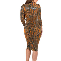 Personalized Deer Hunter Long Sleeve Bodycon Dress Antler Outline and Autumn Camouflage Hunting