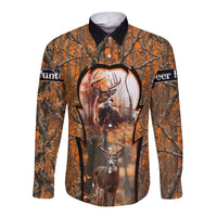 Personalized Deer Hunter Long Sleeve Button Shirt Antler Outline and Autumn Camouflage Hunting