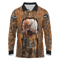 Personalized Deer Hunter Long Sleeve Polo Shirt Antler Outline and Autumn Camouflage Hunting