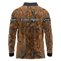 Personalized Deer Hunter Long Sleeve Polo Shirt Antler Outline and Autumn Camouflage Hunting