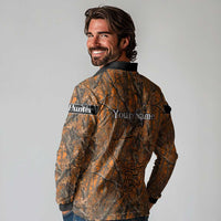 Personalized Deer Hunter Long Sleeve Polo Shirt Antler Outline and Autumn Camouflage Hunting