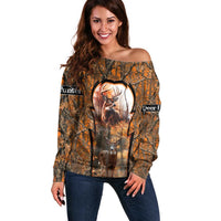 Personalized Deer Hunter Off Shoulder Sweater Antler Outline and Autumn Camouflage Hunting