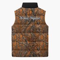 Personalized Deer Hunter Sleeveless Puffer Jacket Antler Outline and Autumn Camouflage Hunting
