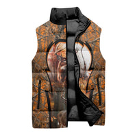 Personalized Deer Hunter Sleeveless Puffer Jacket Antler Outline and Autumn Camouflage Hunting