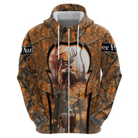 Personalized Deer Hunter Zip Hoodie Antler Outline and Autumn Camouflage Hunting
