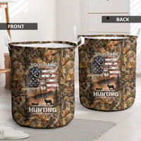 Personalized Buck Deer Hunting Laundry Basket American Flag Sunset Forest in Camouflage