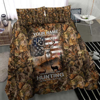 Personalized Buck Deer Hunting Bedding Set American Flag Sunset Forest in Camouflage