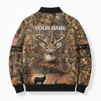 Personalized Buck Deer Hunting Bomber Puffer Jacket American Flag Sunset Forest in Camouflage