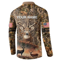 Personalized Buck Deer Hunting Button Sweatshirt American Flag Sunset Forest in Camouflage