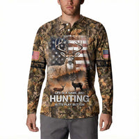 Personalized Buck Deer Hunting Button Sweatshirt American Flag Sunset Forest in Camouflage