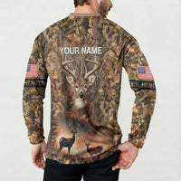 Personalized Buck Deer Hunting Button Sweatshirt American Flag Sunset Forest in Camouflage