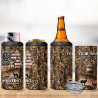 Personalized Buck Deer Hunting 4 in 1 Can Cooler Tumbler American Flag Sunset Forest in Camouflage