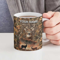 Personalized Buck Deer Hunting Ceramic Mug American Flag Sunset Forest in Camouflage