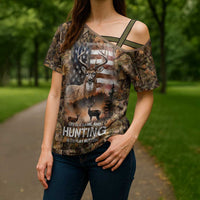 Personalized Buck Deer Hunting Cross Shoulder Shirt American Flag Sunset Forest in Camouflage