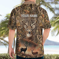 Personalized Buck Deer Hunting Hawaiian Shirt American Flag Sunset Forest in Camouflage
